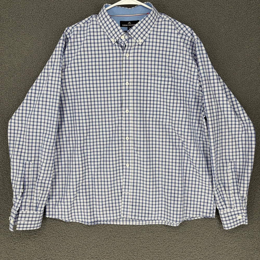 Classic Collection Blue White Plaid Button Down Shirt Mens XL Regular Fit L/S